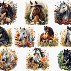 Op de afbeelding: Een collage van tien afbeeldingen met paarden in verschillende poses en omgevingen. Elk paard is omringd door bloemen en groen, wat een fantasierijke en kleurrijke sc&egrave;ne cre&euml;ert.
