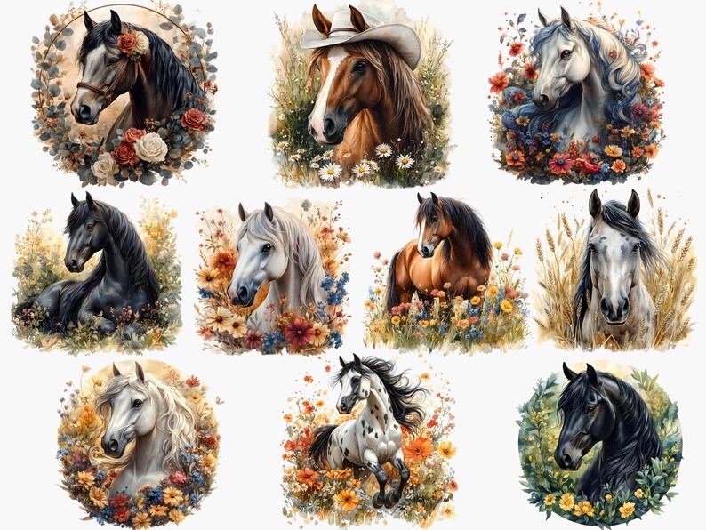 Op de afbeelding: Een collage van tien afbeeldingen met paarden in verschillende poses en omgevingen. Elk paard is omringd door bloemen en groen, wat een fantasierijke en kleurrijke sc&egrave;ne cre&euml;ert.