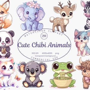 Chibi Animals Clip Art Collection, Cute Pastel Cartoon Animals Decor 20 PNG illustrations, Anime Clip Art, transparent background PNG