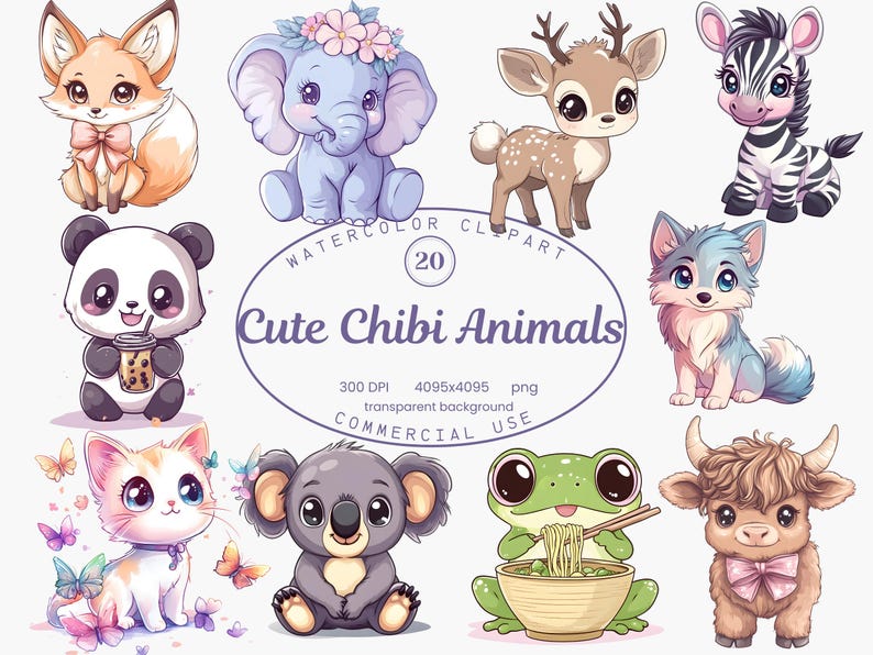 Op de afbeelding: Een set van tien schattige cartoon-dierillustraties in aquarelstijl. De dieren omvatten een vos, een olifant, een hert, een zebra, een panda, een wolf, een kat, een koala, een kikker en een koe. Elk dier is op een speelse en fantasierijke manier afgebeeld, met felle kleuren en expressieve kenmerken.