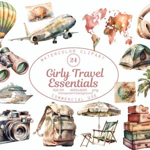 Colección de imágenes prediseñadas de viajes femeninos, 24 imágenes prediseñadas de elementos esenciales de viaje en tonos pastel PNG, chica viajera en acuarela, viajera femenina, imágenes prediseñadas de verano