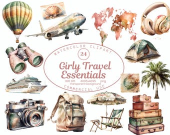 Girly Travel Clipart Collection,  24 PNG Pastel Travel Essentials Clip Art, Watercolor Traveler Girl, Feminine Traveler, Summer Clipart