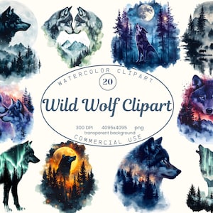 Wild Wolf Clipart Collection, Boho Wilderness aquarelle Clipart ensemble 20 PNG, Boho forêt animaux PNG Sublimation dessins