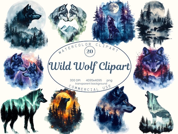 Wild Wolf Clipart Collection, Boho Wilderness Watercolor Clipart Set 20 PNG, Bohemian Forest Animals PNG Sublimation Designs