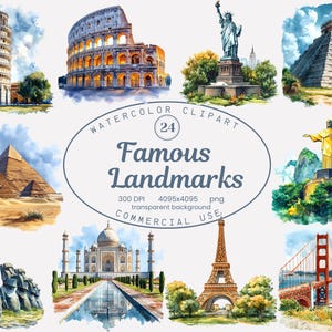 Collection de cliparts célèbre monument, voyage aquarelle 24 Illustrations PNG, Paris, Londres Tour Eiffel Art en téléchargement numérique, usage Commercial