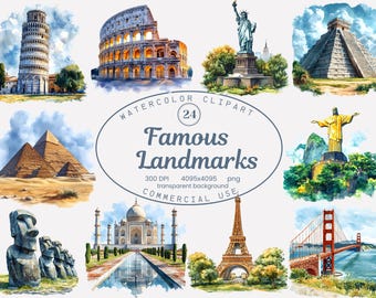 Clipartcollectie beroemde bezienswaardigheid, reizen aquarel 24 png-illustraties, Parijs, Londen Eiffeltoren kunst digitale download commercieel gebruik