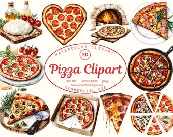 Kolekcja grafik Pizza Clip Art, akwarelowe rustykalne jedzenie 20 ilustracji PNG, włoskie projekty pizzy, grafiki menu do pobrania cyfrowego do użytku komercyjnego