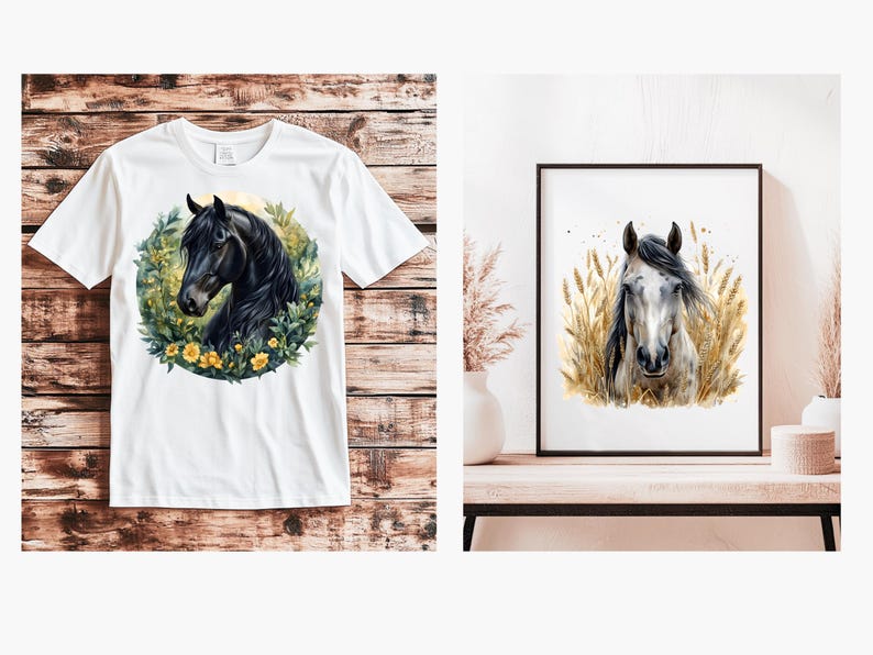 Op de afbeelding: Een wit T-shirt met een zwarte paardenkopillustratie omringd door gele bloemen. Het paard staat in een veld met groen gras. Het T-shirt ligt op een houten achtergrond. Een ingelijst afdruk van een witte paardenkop in een tarweveld staat op een plank op de achtergrond.