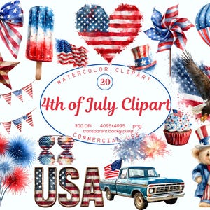 Collection de cliparts 4 juillet, fête de l'indépendance des États-Unis patriotique aquarelle 24 Illustrations PNG, fête du drapeau américain PNG, téléchargement numérique