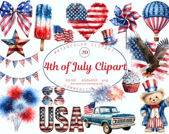 4th of July Clipart Collection, Patriotic USA Independence Day Watercolor 24 PNG Illustrations, American Flag Party PNG, Digital Download