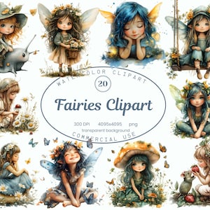 Fairy Clip Art Collection, schattige magische bosfee aquarel 20 png-illustraties, grillige stijl kunst digitale download commercieel gebruik