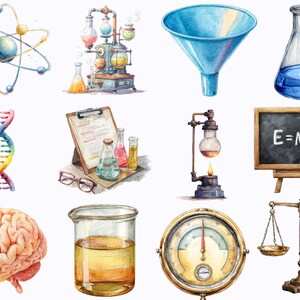 May include: Watercolor illustrations of science-themed objects. Includes an atom model, a DNA strand, a brain, beakers, a funnel, a chalkboard with E=MC&sup2;, a balance scale, and a vintage-style machine with flasks.