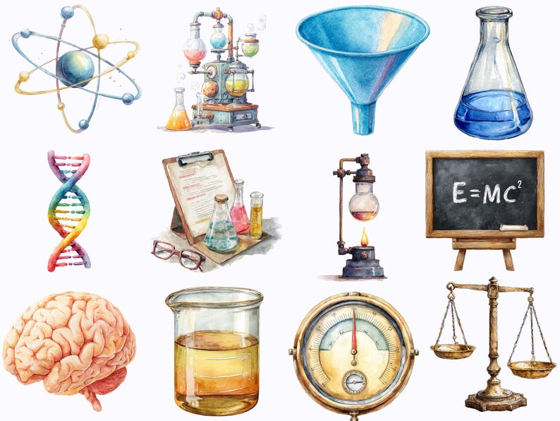 May include: Watercolor illustrations of science-themed objects. Includes an atom model, a DNA strand, a brain, beakers, a funnel, a chalkboard with E=MC&sup2;, a balance scale, and a vintage-style machine with flasks.