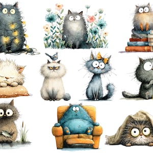 Op de afbeelding: Waterverfillustraties van verschillende cartoonkatten in verschillende poses. E&eacute;n kat is gewikkeld in lichtslingers, een andere zit tussen bloemen en &eacute;&eacute;n zit op een stapel boeken. Andere katten worden getoond met een vogel, een strik, garen en een vis.