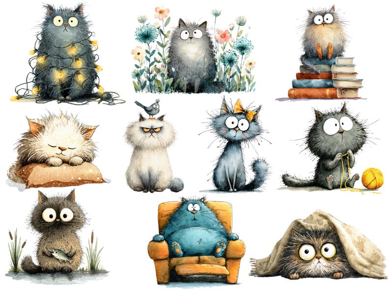 Op de afbeelding: Waterverfillustraties van verschillende cartoonkatten in verschillende poses. E&eacute;n kat is gewikkeld in lichtslingers, een andere zit tussen bloemen en &eacute;&eacute;n zit op een stapel boeken. Andere katten worden getoond met een vogel, een strik, garen en een vis.