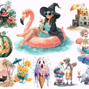May include: Watercolour illustrations with a Halloween theme and summer elements. Depicts a witch on a flamingo float, a sandcastle with a ghost, a pumpkin jack-o'-lantern, and a skeleton mermaid.