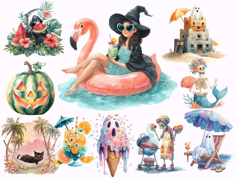 May include: Watercolour illustrations with a Halloween theme and summer elements. Depicts a witch on a flamingo float, a sandcastle with a ghost, a pumpkin jack-o'-lantern, and a skeleton mermaid.