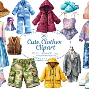 Cute Clothes Clipart Collection, 30 PNG Digital Wardrobe Stickers, Outfit Graphics, Watercolor Fashion Elements Clip Art, Digital Download