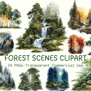 Pode incluir: Uma coleção de cenas de floresta em aquarela. As imagens incluem cachoeiras, árvores e paisagens montanhosas. O texto "FOREST SCENES CLIPART" é exibido, juntamente com "24 PNGs • Transparent • Commercial Use".
