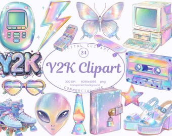 Y2K Clipart Collection, 24 PNG Gen Z Retro Tech Holographic Digital Art, Millennial Nostalgia, Retro Stickers, Scrapbook, Digital Download