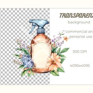 Op de afbeelding: Een aquarel-illustratie van een bruine spuitfles met een blauwe spuitmond en een wit label. De fles is omringd door een boeket bloemen, waaronder roze, paarse en blauwe bloemen. De achtergrond is transparant.