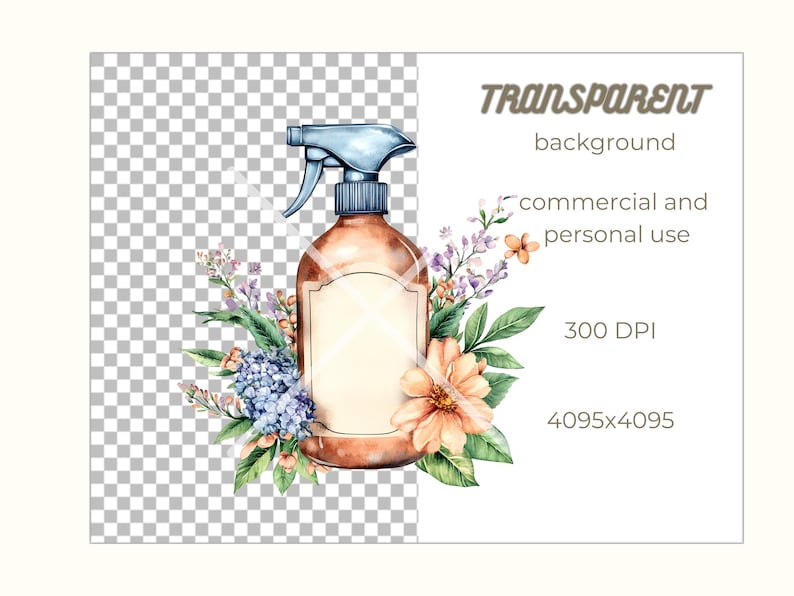 Op de afbeelding: Een aquarel-illustratie van een bruine spuitfles met een blauwe spuitmond en een wit label. De fles is omringd door een boeket bloemen, waaronder roze, paarse en blauwe bloemen. De achtergrond is transparant.