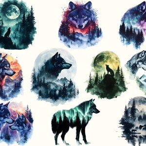 May include: A set of ten watercolour illustrations featuring wolves in various poses and settings. The wolves are depicted in a variety of colours, including blue, purple, and green. The illustrations are surrounded by trees, mountains, and moons.