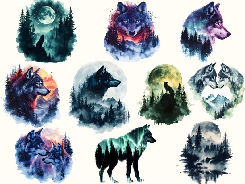May include: A set of ten watercolour illustrations featuring wolves in various poses and settings. The wolves are depicted in a variety of colours, including blue, purple, and green. The illustrations are surrounded by trees, mountains, and moons.