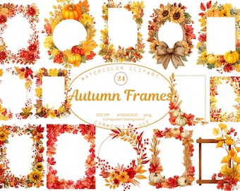 Herfst frames clipartcollectie, kleurrijke aquarel herfst boarders 24 png, rustieke herfstkrans kunst, digitale download, commercieel gebruik