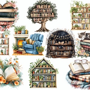 May include: Watercolor illustrations of books and bookshelves. The image features a heart-shaped stack of books surrounded by flowers, a tree-shaped bookshelf, and a cozy reading nook with a blue armchair and fireplace. Other images include a cat sleeping on books and a bookshelf shaped like a house.