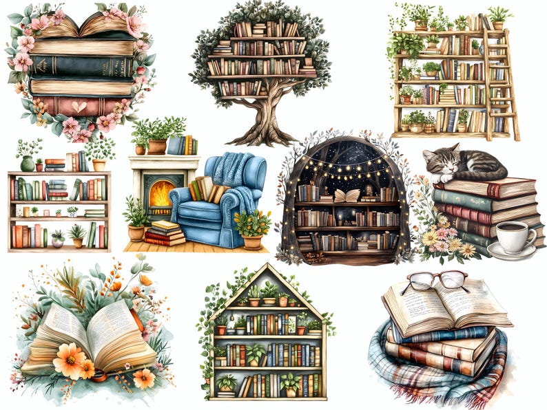 May include: Watercolor illustrations of books and bookshelves. The image features a heart-shaped stack of books surrounded by flowers, a tree-shaped bookshelf, and a cozy reading nook with a blue armchair and fireplace. Other images include a cat sleeping on books and a bookshelf shaped like a house.