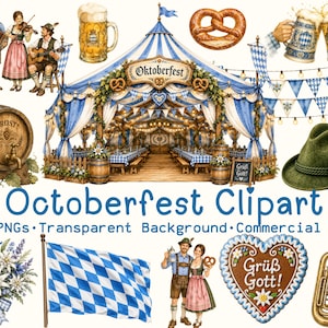 Puede incluir: Una colección digital de ilustraciones con temática de Oktoberfest que incluye una gran carpa de festival a rayas azules y blancas, un barril de cerveza de madera, un sombrero verde, un pretzel, jarras de cerveza, una bandera y músicos.