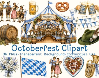 Oktoberfest Watercolor Clipart, Bavarian Festival Clipart, Beer & Pretzel 36 PNG, Lederhosen Dirndl, German Folk Festival, Fall Beer Garden