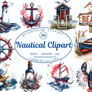 May include: A set of 20 watercolor nautical clipart images. The images include a lighthouse, anchor, beach hut, boat, steering wheel, seagull, bottle with a ship inside, sailboat, lobster, and a sign that says "Beach".