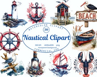 May include: A set of 20 watercolor nautical clipart images. The images include a lighthouse, anchor, beach hut, boat, steering wheel, seagull, bottle with a ship inside, sailboat, lobster, and a sign that says "Beach".
