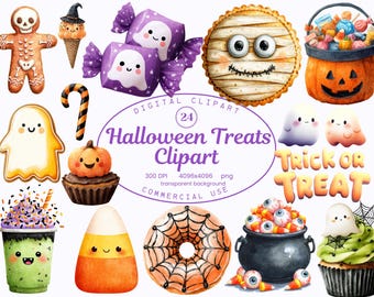 May include: Watercolor digital clipart set featuring Halloween treats. Includes a gingerbread man, ice cream cone, wrapped candies, mummy cookie, pumpkin bucket, ghost, candy corn, donut, cauldron of eyeballs, and cupcakes. The text "Halloween Treats Clipart" is also included.