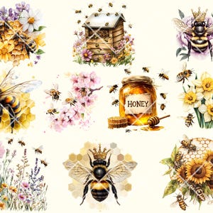 May include: A digital collage of watercolor illustrations featuring bees, honeycombs, flowers, and a honey jar labeled "Honey".
