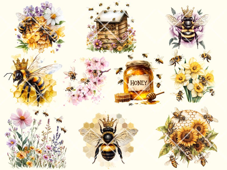 May include: A digital collage of watercolor illustrations featuring bees, honeycombs, flowers, and a honey jar labeled "Honey".