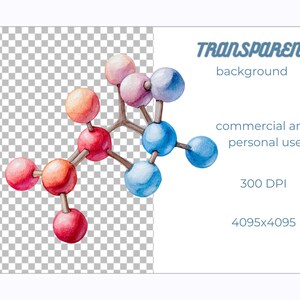 May include: Watercolor illustration of a molecule with colorful spheres in red, orange, pink, and blue, connected by brown rods. The image has a transparent background and includes text that reads "TRANSPARENT background, commercial and personal use, 300 DPI, 4095x4095."