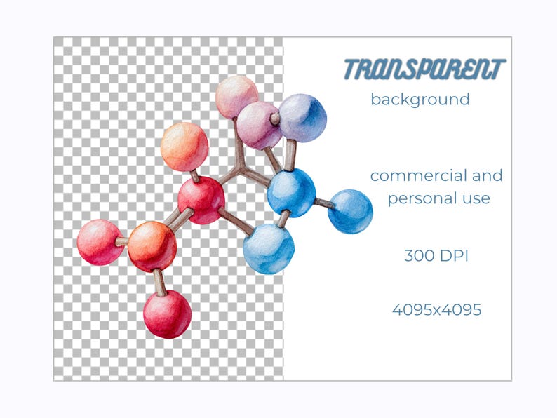May include: Watercolor illustration of a molecule with colorful spheres in red, orange, pink, and blue, connected by brown rods. The image has a transparent background and includes text that reads "TRANSPARENT background, commercial and personal use, 300 DPI, 4095x4095."