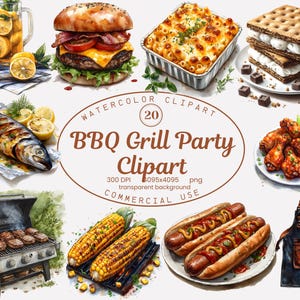 Raccolta di clipart per feste con grigliate di barbecue, illustrazioni di cibo ad acquerello in formato PNG (20), grigliate estive, grafica per menu, download digitale per uso commerciale