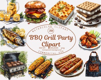 BBQ Grill Party Clipart Collection, Watercolor Food 20 PNG Illustrations, Summer Cookout, Menu Graphics Digital Download Commercial Use