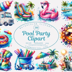 Colección de imágenes prediseñadas de fiesta en la piscina, 20 ilustraciones PNG de acuarela de verano, arte de invitaciones para fiestas, descarga digital para uso comercial