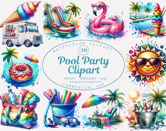 Pool Party Clipart Collection, Watercolor Summer 20 PNG Illustrations, Party Invitations Art Digital Download Commercial Use