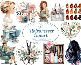 Hairdresser Clipart Collection, Boho Hairstylist Watercolor 20 PNG Illustrations, Salon Business Graphics , Digital Download, Commercial Use