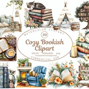 Cozy Bookish Clipart Collection, Reading Nook Watercolor 20 PNG Illustrations, Book Lover Art Digital Download Commercial Use