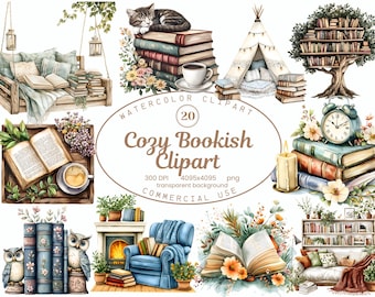 Gezellige leesgrage clipartcollectie, Reading Nook aquarel 20 PNG-illustraties, Book Lover Art digitale download commercieel gebruik