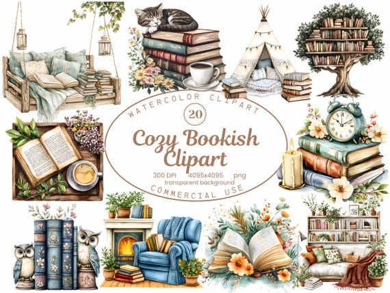 Cozy Bookish Clipart Collection, Reading Nook Watercolor 20 PNG Illustrations, Book Lover Art Digital Download Commercial Use