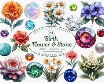 Birth Flower & Stone Clip Art Collection, Watercolor Birth Gemstones 24 PNG Birthday Flowers Digital Download Commercial Use