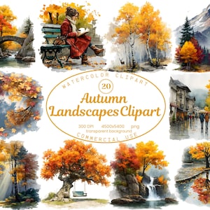 Autumn Landscape Clipart Collection, Watercolor Fall Forest Mountains Trees Meadows 20 PNG, Cozy Fall Backgrounds, Digital Download